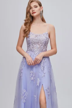 Alças de espaguete de lavanda Appliques Vestido longo baile com fenda