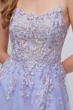 Alças de espaguete de lavanda Appliques Vestido longo baile com fenda