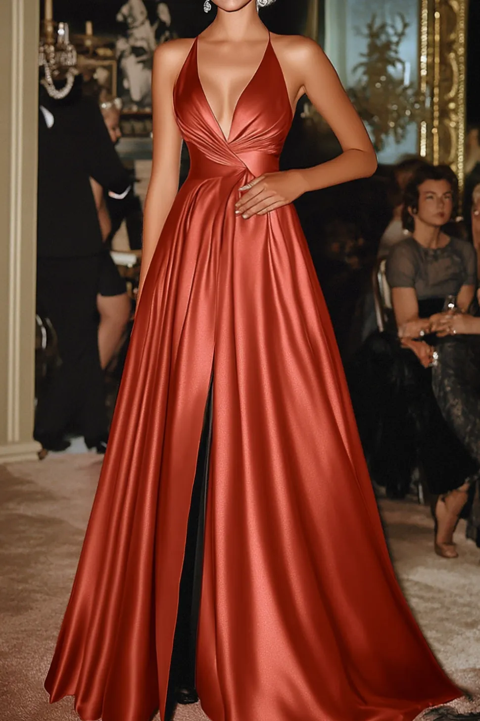 Alças de espaguete de terracota A-Line cetim longo vestido de baile militar com fenda