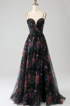 Alças de espaguete estampadas pretas Um vestido de baile de formatura de linha com fenda