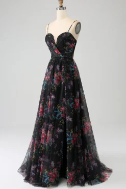 Alças de espaguete estampadas pretas Um vestido de baile de formatura de linha com fenda
