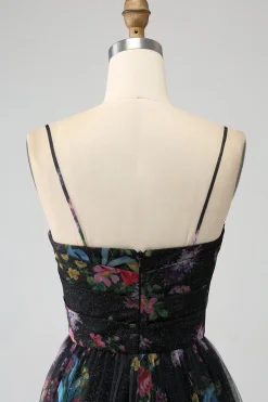 Alças de espaguete estampadas pretas Um vestido de baile de formatura de linha com fenda