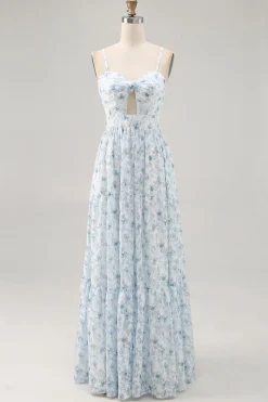 Alças de espaguete floral estampadas azuis cortadas para fora vestido de convidado de casamento