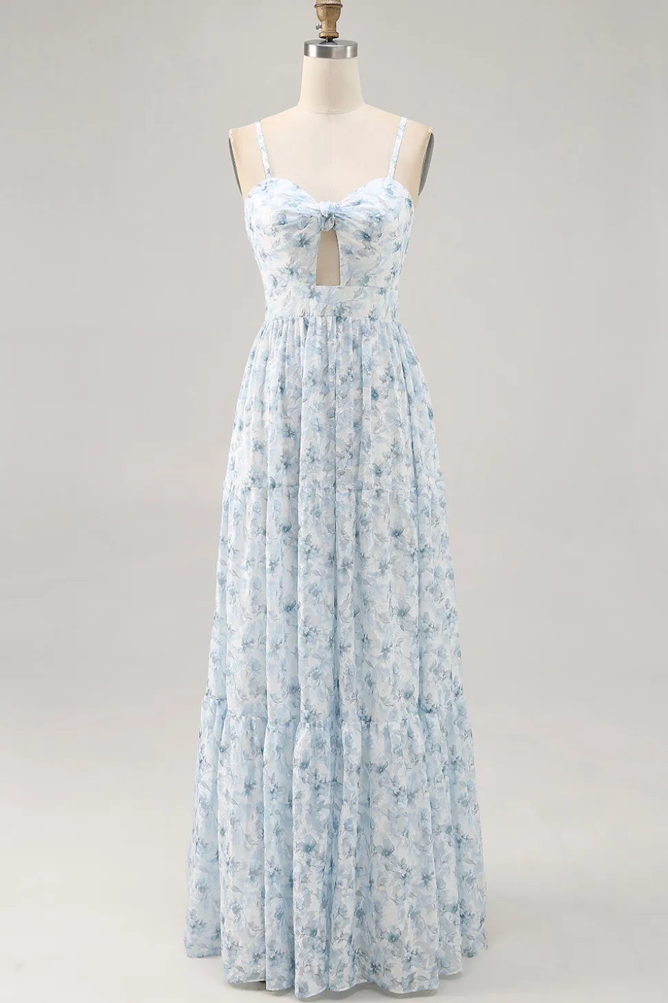 Alças de espaguete floral estampadas azuis cortadas para fora vestido de convidado de casamento