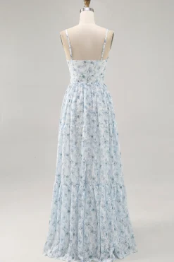 Alças de espaguete floral estampadas azuis cortadas para fora vestido de convidado de casamento