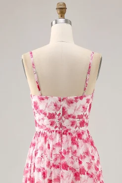Alças de espaguete floral estampadas azuis cortadas para fora vestido de convidado de casamento