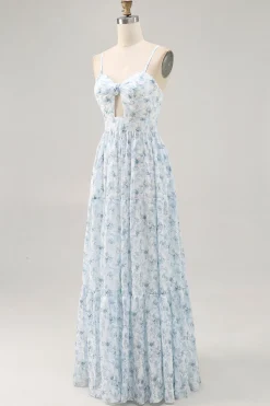 Alças de espaguete floral estampadas azuis cortadas para fora vestido de convidado de casamento
