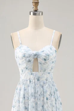 Alças de espaguete floral estampadas azuis cortadas para fora vestido de convidado de casamento