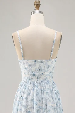 Alças de espaguete floral estampadas azuis cortadas para fora vestido de convidado de casamento
