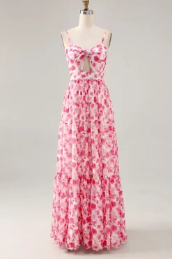 Alças de espaguete floral estampadas azuis cortadas para fora vestido de convidado de casamento