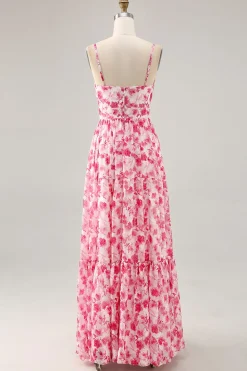 Alças de espaguete floral estampadas azuis cortadas para fora vestido de convidado de casamento
