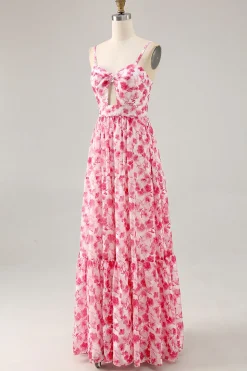 Alças de espaguete floral estampadas azuis cortadas para fora vestido de convidado de casamento