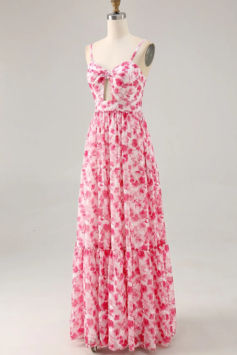 Alças de espaguete floral estampadas azuis cortadas para fora vestido de convidado de casamento