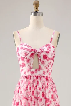 Alças de espaguete floral estampadas azuis cortadas para fora vestido de convidado de casamento