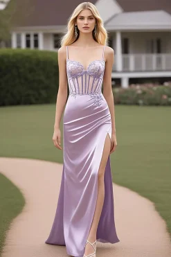Alças de Espaguete Lilás Bainha Ruched Long Prom Dress com Fenda