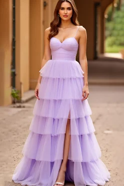 Alças de Espaguete Lilás Tiered Tule Long Prom Dress com Fenda