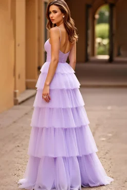 Alças de Espaguete Lilás Tiered Tule Long Prom Dress com Fenda