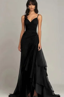 Alças de espaguete marrom escuro Uma linha de vestido formal babado