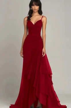 Alças de espaguete marrom escuro Uma linha de vestido formal babado