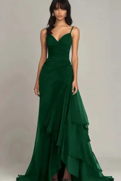 Alças de espaguete marrom escuro Uma linha de vestido formal babado