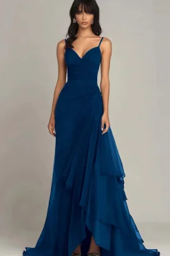 Alças de espaguete marrom escuro Uma linha de vestido formal babado