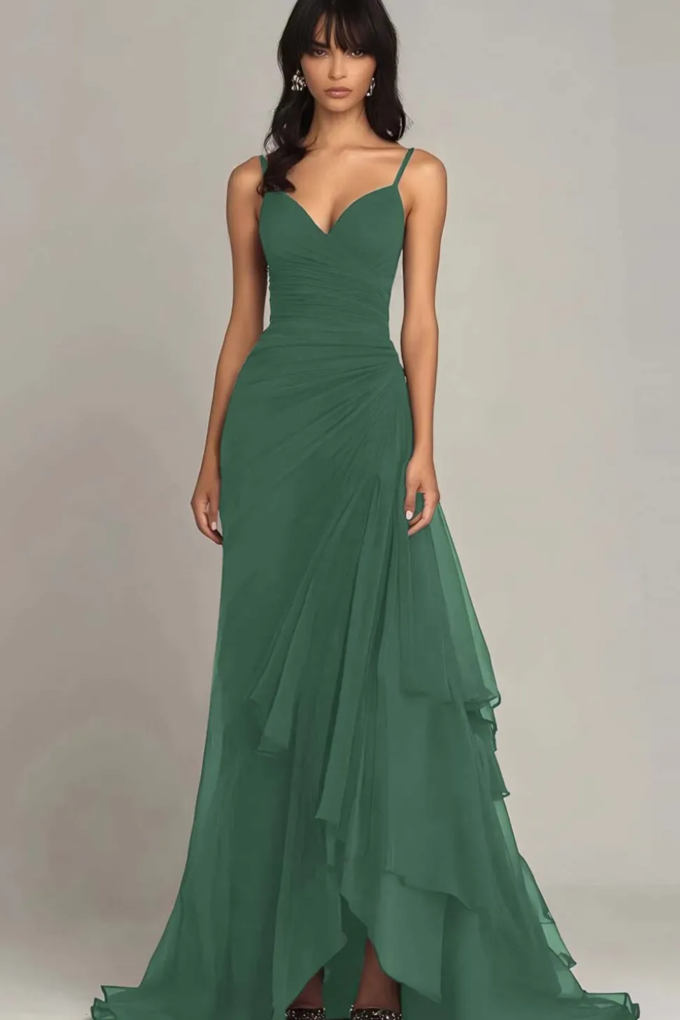 Alças de espaguete marrom escuro Uma linha de vestido formal babado