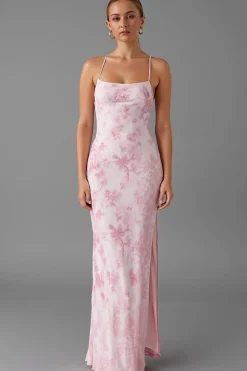 Alças de espaguete rosa claro bainha estampada vestido de noite com fenda