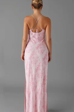 Alças de espaguete rosa claro bainha estampada vestido de noite com fenda