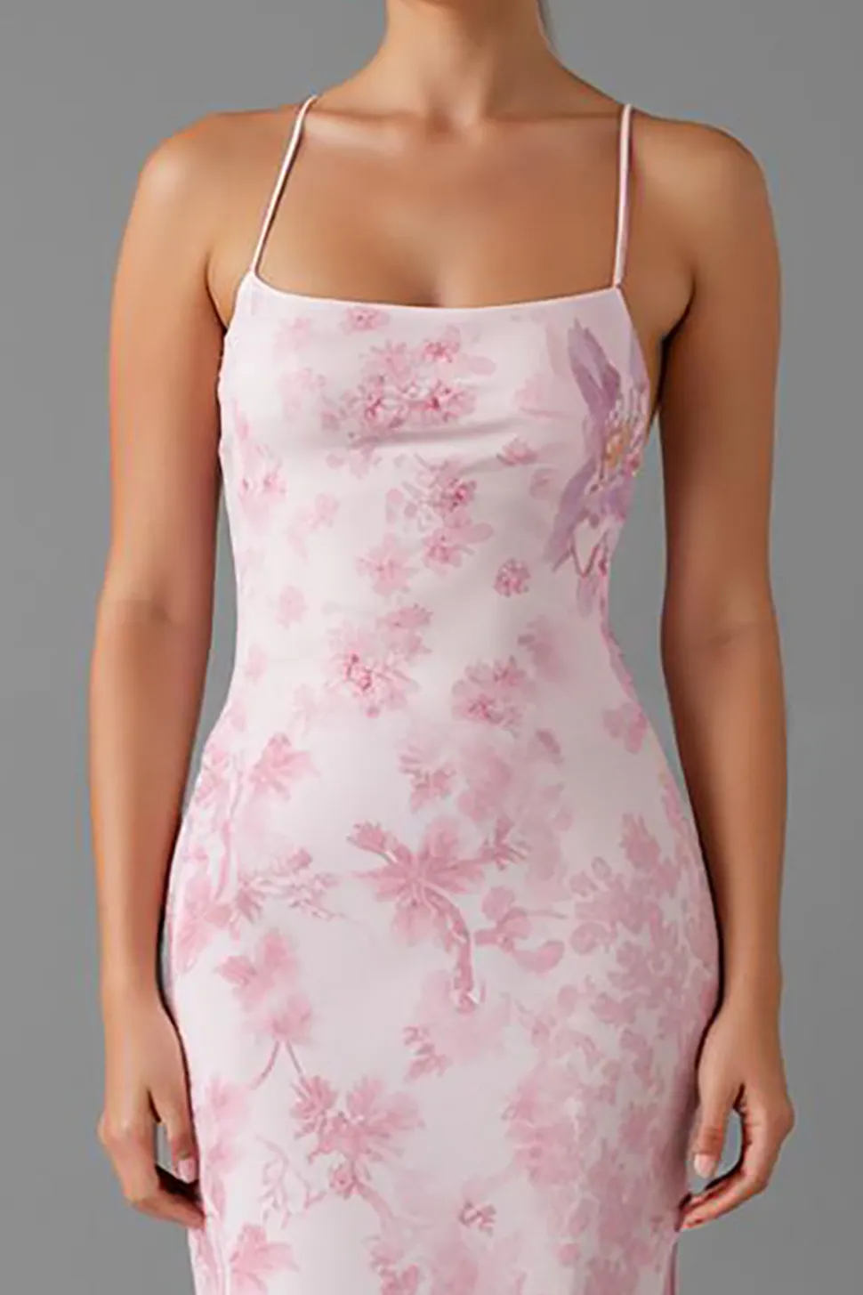 Alças de espaguete rosa claro bainha estampada vestido de noite com fenda