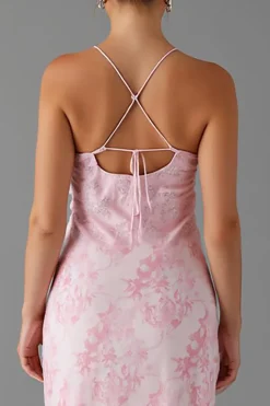 Alças de espaguete rosa claro bainha estampada vestido de noite com fenda