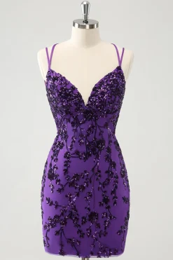 Alças de espaguete roxas brilhantes apertadas vestido curto de volta para casa com apliques