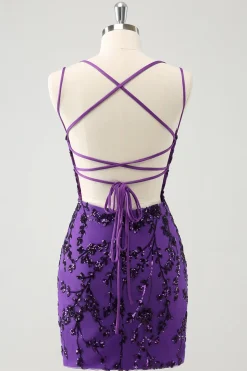 Alças de espaguete roxas brilhantes apertadas vestido curto de volta para casa com apliques
