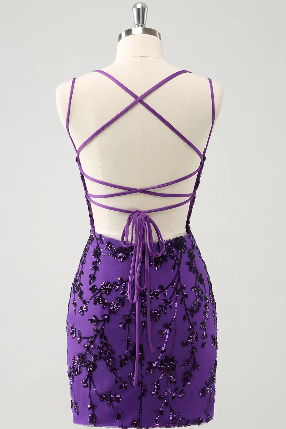 Alças de espaguete roxas brilhantes apertadas vestido curto de volta para casa com apliques