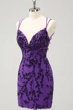 Alças de espaguete roxas brilhantes apertadas vestido curto de volta para casa com apliques