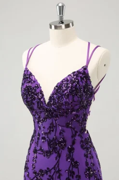 Alças de espaguete roxas brilhantes apertadas vestido curto de volta para casa com apliques