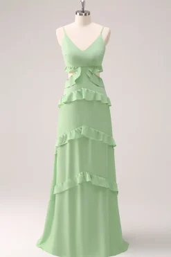 Alças de espaguete verde claro Hollow out Long Vestido de dama de honra com fenda