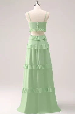 Alças de espaguete verde claro Hollow out Long Vestido de dama de honra com fenda