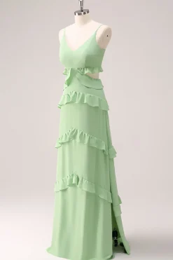 Alças de espaguete verde claro Hollow out Long Vestido de dama de honra com fenda