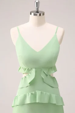 Alças de espaguete verde claro Hollow out Long Vestido de dama de honra com fenda