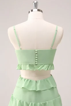 Alças de espaguete verde claro Hollow out Long Vestido de dama de honra com fenda