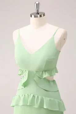Alças de espaguete verde claro Hollow out Long Vestido de dama de honra com fenda