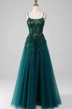 Alças de espaguete verde escuro Um vestido de baile de formatura de linha com fenda