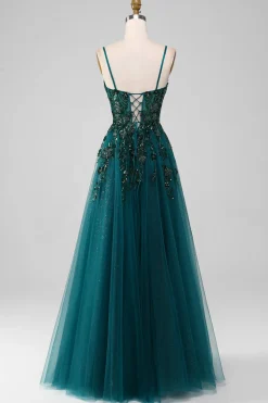 Alças de espaguete verde escuro Um vestido de baile de formatura de linha com fenda