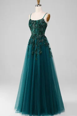 Alças de espaguete verde escuro Um vestido de baile de formatura de linha com fenda