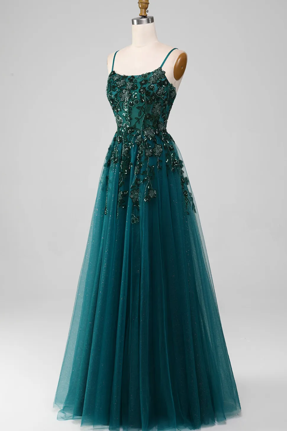 Alças de espaguete verde escuro Um vestido de baile de formatura de linha com fenda