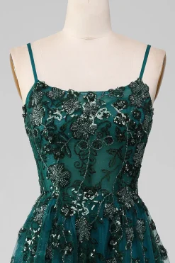 Alças de espaguete verde escuro Um vestido de baile de formatura de linha com fenda