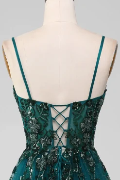 Alças de espaguete verde escuro Um vestido de baile de formatura de linha com fenda