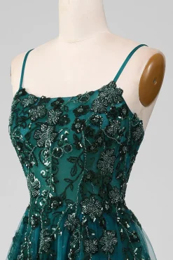 Alças de espaguete verde escuro Um vestido de baile de formatura de linha com fenda