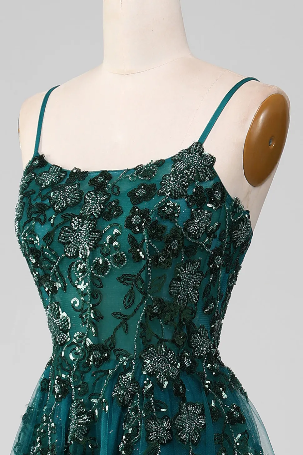 Alças de espaguete verde escuro Um vestido de baile de formatura de linha com fenda