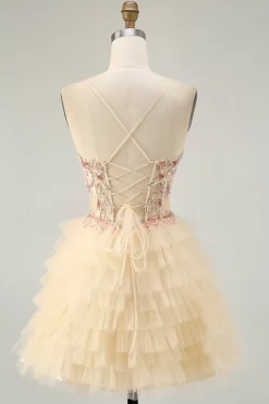Alças de esparguete de damasco Corset A Line Ruffled Homecoming Dress
